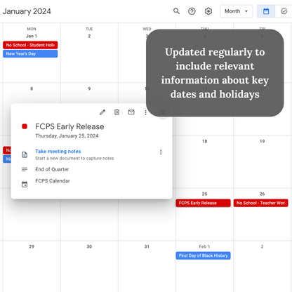 2024 Wall + Google Calendar Bundle with FCPS Dates